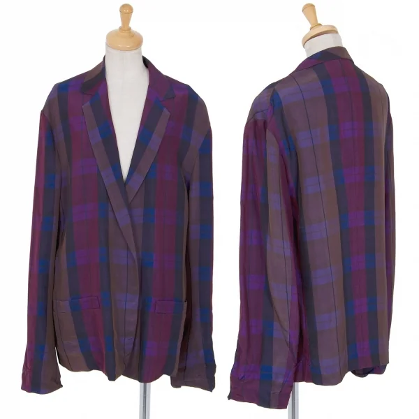 ワイズY's レーヨンチェックボタンレスジャケット 紫他3 K-85052_001
