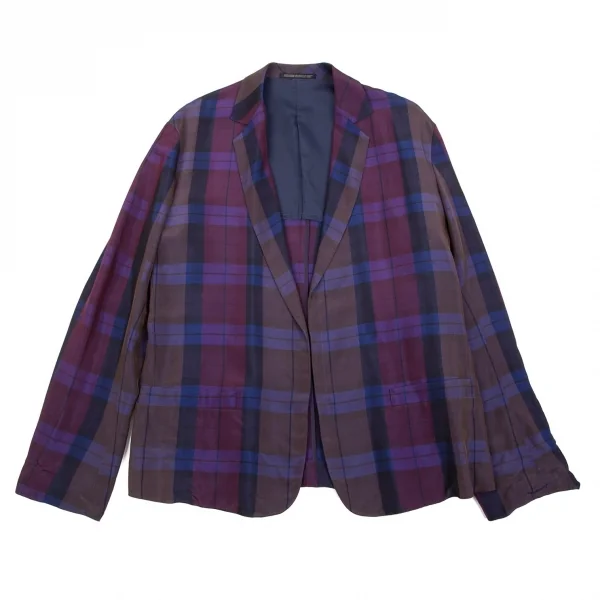 ワイズY's レーヨンチェックボタンレスジャケット 紫他3 K-85052_002
