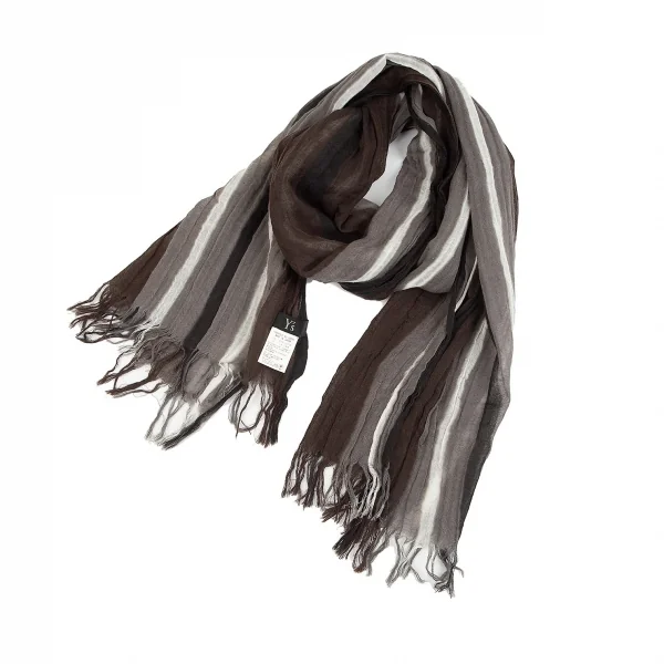 ワイズY's コットンリネンシワ加工ストライプフリンジストール 黒茶グレー K-85163_001