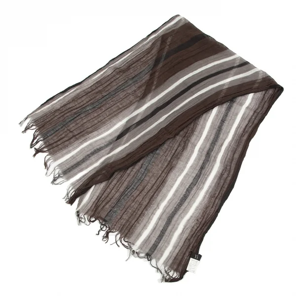 ワイズY's コットンリネンシワ加工ストライプフリンジストール 黒茶グレー K-85163_002