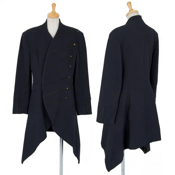 ヨウジヤマモトファムYohji Yamamoto FEMME シルクウールテープ装飾ロングジャケット 紺S K-85173_001