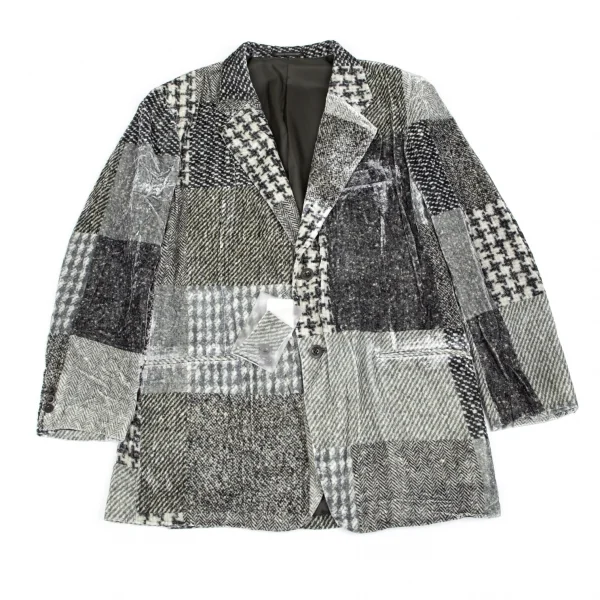 新品!ヨウジヤマモト プールオムYohji Yamamoto POUR HOMME シルクベロアパッチワーク柄2Bジャケット グレーカーキ5 K-85465_001