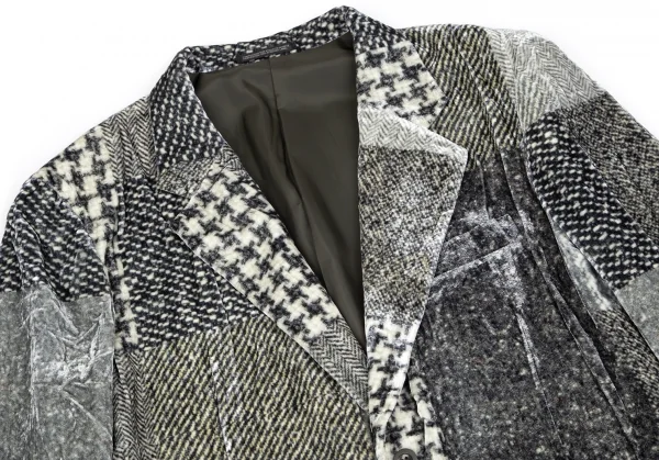 新品!ヨウジヤマモト プールオムYohji Yamamoto POUR HOMME シルクベロアパッチワーク柄2Bジャケット グレーカーキ5 K-85465_002
