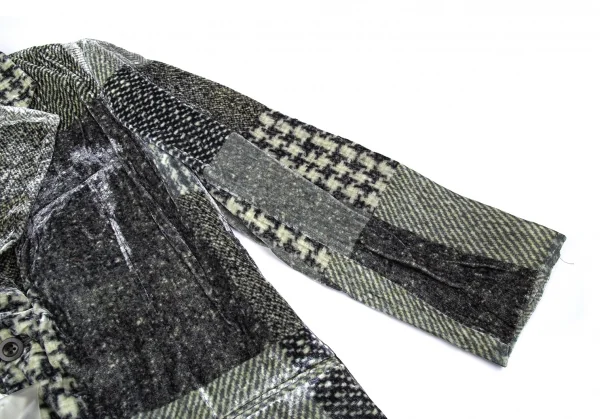 新品!ヨウジヤマモト プールオムYohji Yamamoto POUR HOMME シルクベロアパッチワーク柄2Bジャケット グレーカーキ5 K-85465_004
