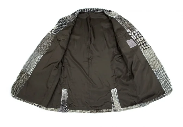 新品!ヨウジヤマモト プールオムYohji Yamamoto POUR HOMME シルクベロアパッチワーク柄2Bジャケット グレーカーキ5 K-85465_008