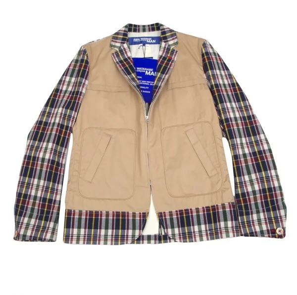 新品!ジュンヤワタナベマン コムデギャルソンJUNYA WATANABE MAN COMME des GARCONS 綿無地チェック柄ジップジャケット ベージュ紺S K-85508_001