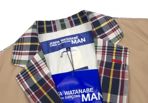 新品!ジュンヤワタナベマン コムデギャルソンJUNYA WATANABE MAN COMME des GARCONS 綿無地チェック柄ジップジャケット ベージュ紺S K-85508_003