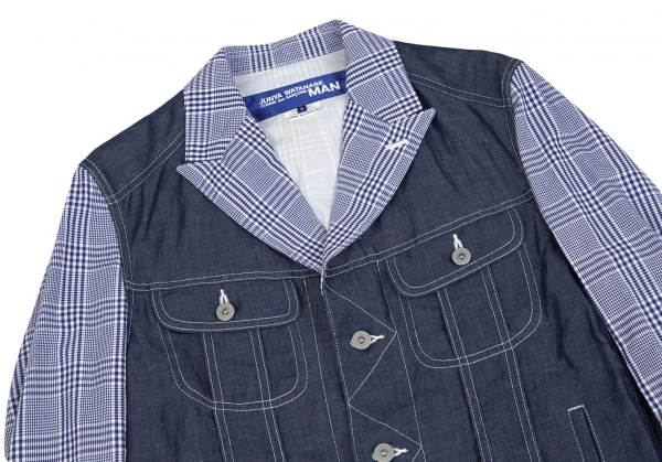 新品!ジュンヤワタナベマン コムデギャルソンJUNYA WATANABE MAN COMME des GARCONS Gジャンデニム切替チェックジャケット 紺白S K-85512_002