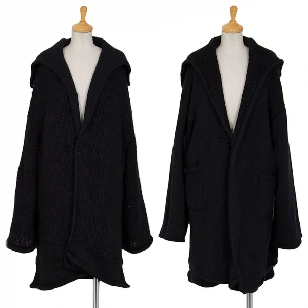 ヨウジヤマモト ファムYohji Yamamoto FEMME ニットレイヤードピン留アルパカリバーシブルコート 黒3 K-86009_001