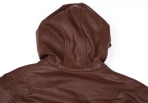 ヨウジヤマモト プールオムYohji Yamamoto POUR HOMME バックプリントフーディーレザージャケット 茶4 K-86114_003