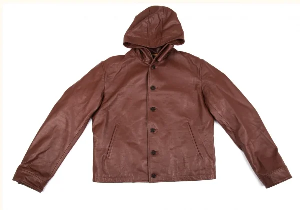 ヨウジヤマモト プールオムYohji Yamamoto POUR HOMME バックプリントフーディーレザージャケット 茶4 K-86114_005