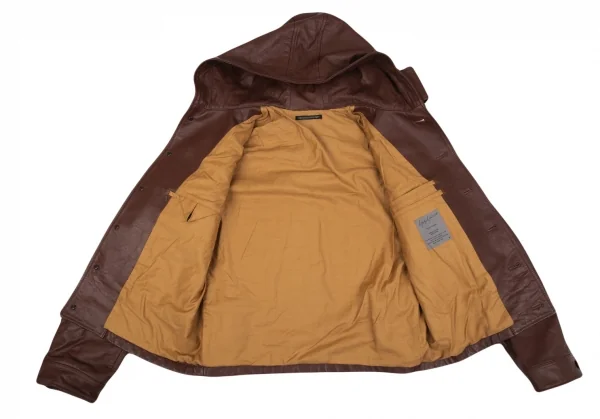 ヨウジヤマモト プールオムYohji Yamamoto POUR HOMME バックプリントフーディーレザージャケット 茶4 K-86114_013