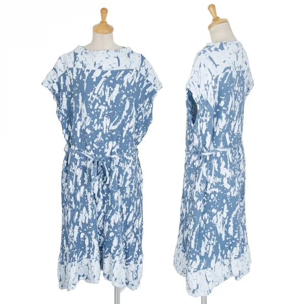 イッセイミヤケ ミーISSEY MIYAKE me スプラッシュプリントカリフラワーノースリーブワンピース 青M位 K-86405_001