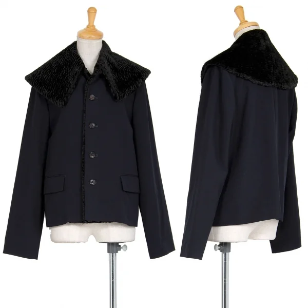 ローブドシャンブル コムデギャルソンrobe de chambre COMME des GARCONS スワカラフェイクファー切替ビッグカラージャケット 紺M位 K-86511_001