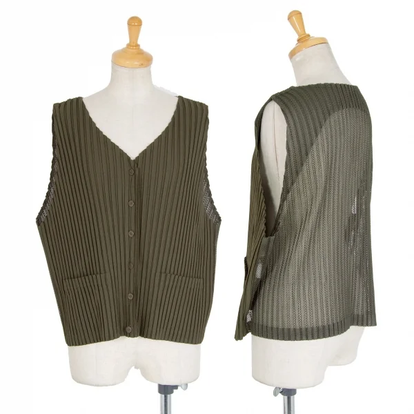 イッセイミヤケISSEY MIYAKEバックメッシュ切替プリーツジレベスト カーキM K-86542_001