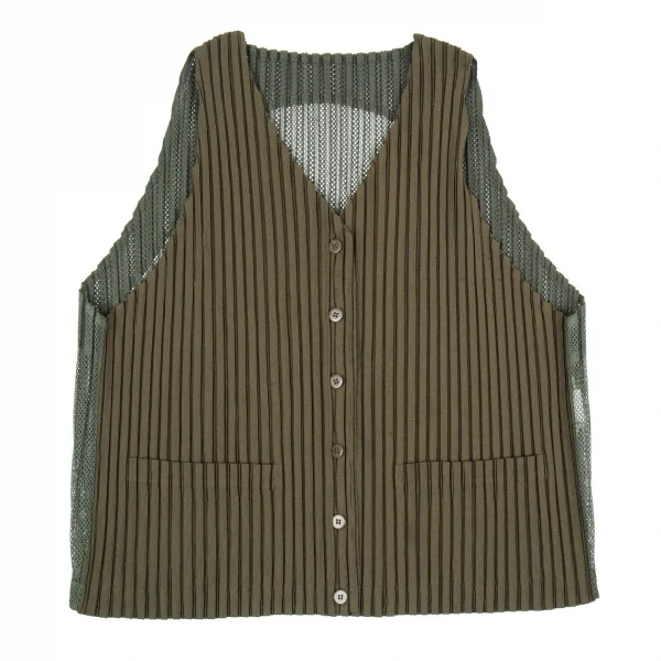イッセイミヤケISSEY MIYAKEバックメッシュ切替プリーツジレベスト カーキM K-86542_002