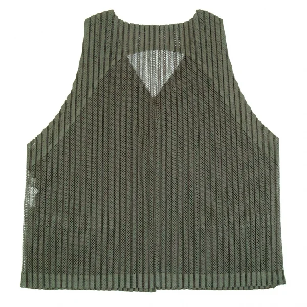 イッセイミヤケISSEY MIYAKEバックメッシュ切替プリーツジレベスト カーキM K-86542_009
