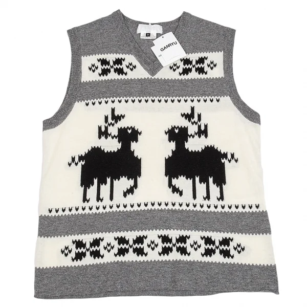 GANRYU Reindeer Pattern Woven Knit Vest Grey,White S K-86709_001