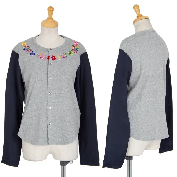 トリココムデギャルソンtricot COMME des GARCONS ネックフラワー刺繍袖切替カーディガン グレーM位 K-86754_001