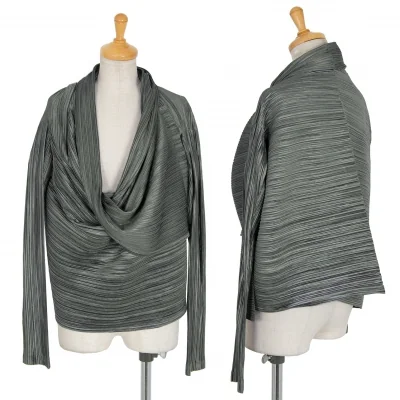 イッセイミヤケISSEY MIYAKEシャイニープリーツフロントドレープカーディガン グレー