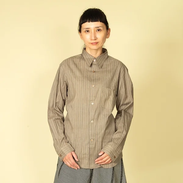 ワイズフォーメンY's for men インディゴ染めシルクコットンストライプシャツ カーキグレー3 K-87295_014