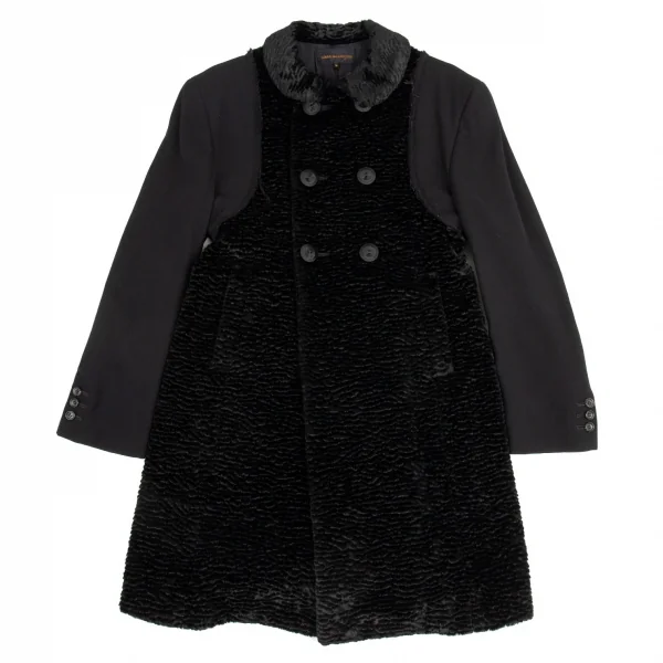 コムデギャルソンCOMME des GARCONSシンセティックファー切替ラウンドカラーダブルコート 黒M K-87488_002