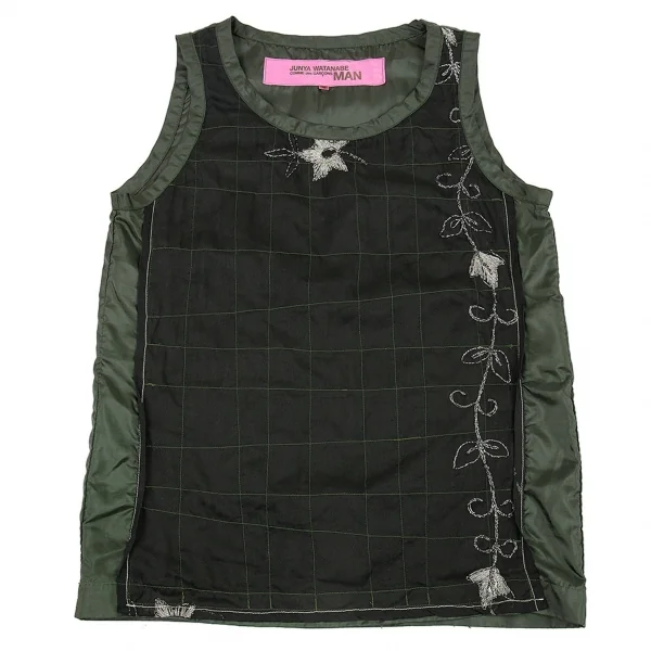 ジュンヤワタナベマンピンク コムデギャルソンJUNYA WATANABE MAN PINK COMME des GARCONS フロント異素材切替刺繍タンクトップ 黒深緑S K-87533_002