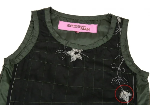 ジュンヤワタナベマンピンク コムデギャルソンJUNYA WATANABE MAN PINK COMME des GARCONS フロント異素材切替刺繍タンクトップ 黒深緑S K-87533_003