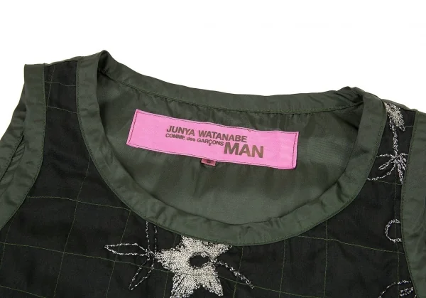 ジュンヤワタナベマンピンク コムデギャルソンJUNYA WATANABE MAN PINK COMME des GARCONS フロント異素材切替刺繍タンクトップ 黒深緑S K-87533_005
