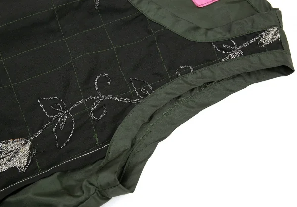 ジュンヤワタナベマンピンク コムデギャルソンJUNYA WATANABE MAN PINK COMME des GARCONS フロント異素材切替刺繍タンクトップ 黒深緑S K-87533_006