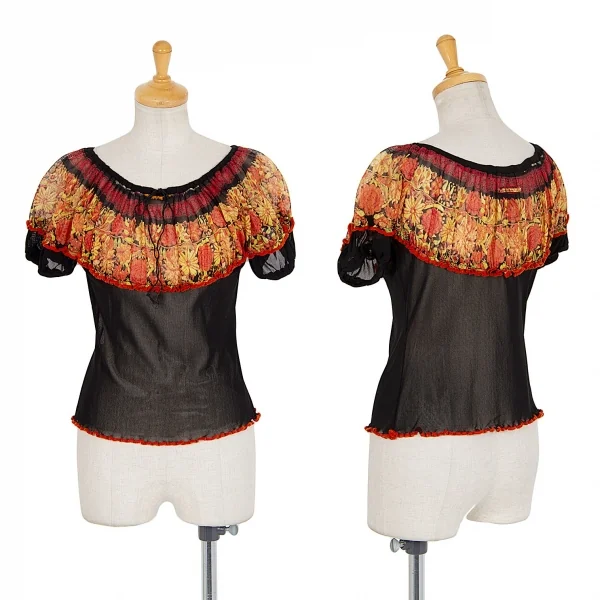 ジャンポールゴルチエ ファムJean Paul GAULTIER FEMME フラワープリントパワーネットギャザートップス 黒他40 K-87641_001