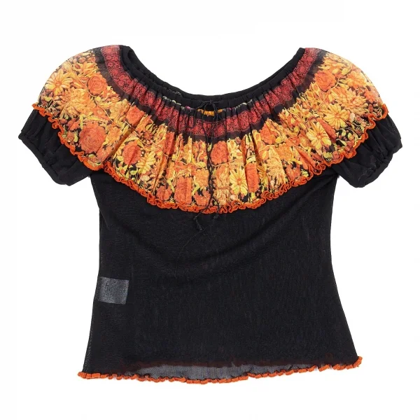 ジャンポールゴルチエ ファムJean Paul GAULTIER FEMME フラワープリントパワーネットギャザートップス 黒他40 K-87641_002