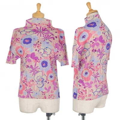 プリーツプリーズPLEATS PLEASE フラワードローイングプリントプリーツハイネックTシャツ ベージュマルチ