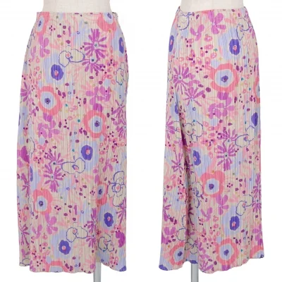 プリーツプリーズPLEATS PLEASE フラワードローイングプリントプリーツスカート ベージュマルチ