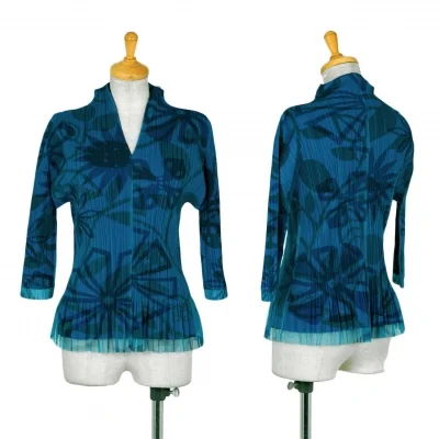 プリーツプリーズPLEATS PLEASE フラワープリントチュールレイヤードプリーツスキッパーシャツ 青