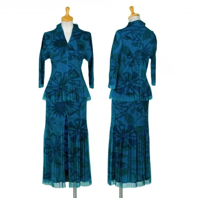 プリーツプリーズPLEATS PLEASE フラワープリントチュールレイヤードプリーツセットアップ 青