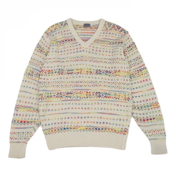 ケンゾーKENZO Vネックボーダージャガードニットセーター アイボリー他XL位 K-87783_001