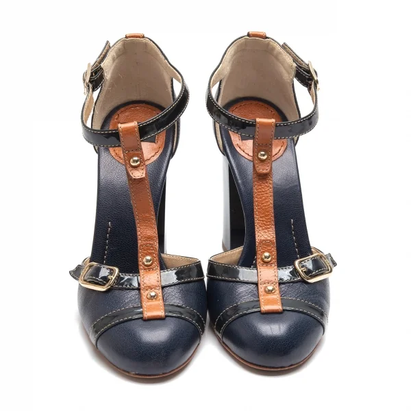 ディーアンドジーD&G チャンキーヒールベルトパンプス 紺38(24.5位) K-87872_002