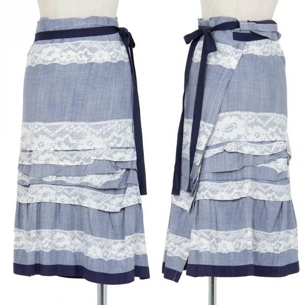 トリココムデギャルソンtricot COMME des GARCONS レースプリント裏使いティアードタックラップスカート 紺フリー K-87930_001
