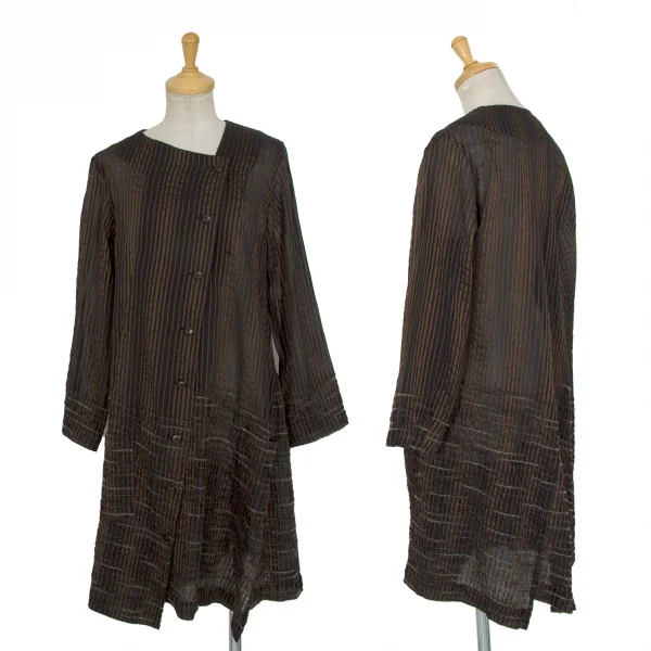 イッセイミヤケハートISSEY MIYAKE HaaT ストライプ織りシースルーロングブラウス 茶黒2 K-88005_001