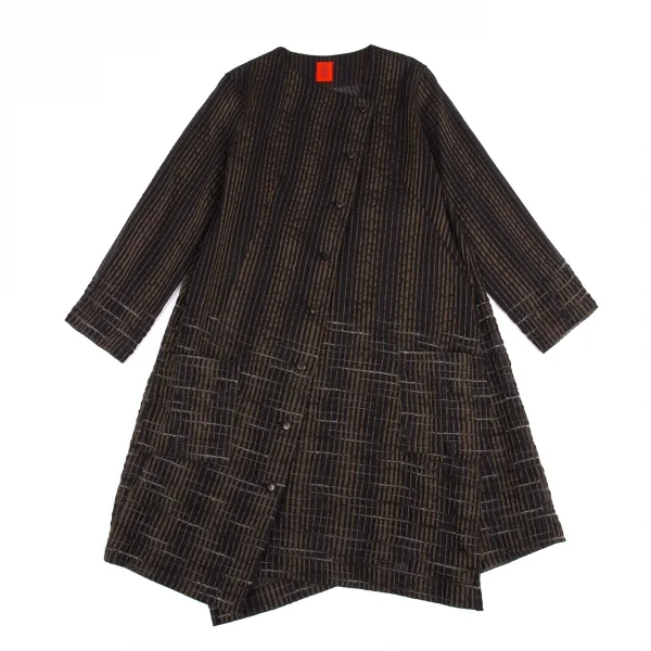 イッセイミヤケハートISSEY MIYAKE HaaT ストライプ織りシースルーロングブラウス 茶黒2 K-88005_002