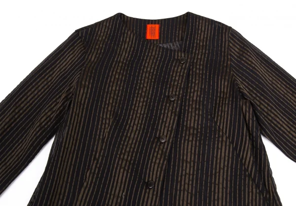 イッセイミヤケハートISSEY MIYAKE HaaT ストライプ織りシースルーロングブラウス 茶黒2 K-88005_003