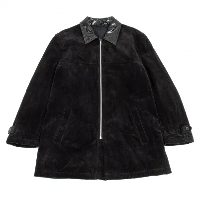 コムデギャルソン オムCOMME des GARCONS HOMME エナメルレザー衿コーデュロイキルトジップハーフコート 黒