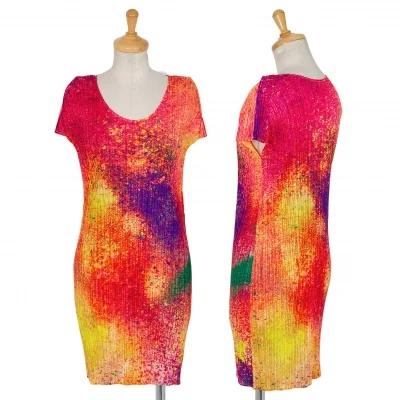 プリーツプリーズPLEATS PLEASE スプラッシュプリントプリーツチュニックトップス ピンクマルチ