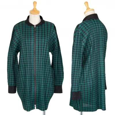 プリーツプリーズPLEATS PLEASE チェックプリントプリーツロング丈ジップアップブルゾン 深緑