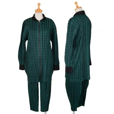 プリーツプリーズPLEATS PLEASE チェックプリントプリーツロング丈セットアップ 深緑
