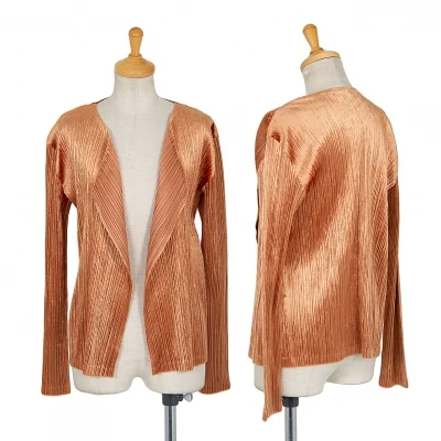 プリーツプリーズPLEATS PLEASE ベロアプリーツボタンレスカーディガン 茶