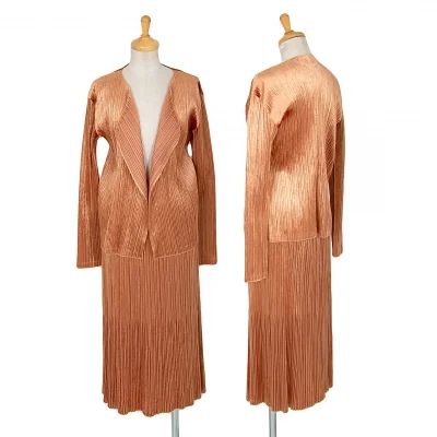 プリーツプリーズPLEATS PLEASE ベロアプリーツボタンレスセットアップ 茶