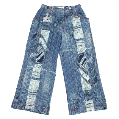プリーツプリーズPLEATS PLEASE ダメージデニムパッチワークプリントプリーツワイドパンツ インディゴ