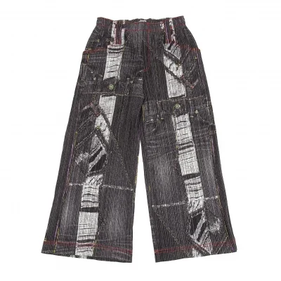 プリーツプリーズPLEATS PLEASE ダメージデニムパッチワークプリントプリーツワイドパンツ 黒